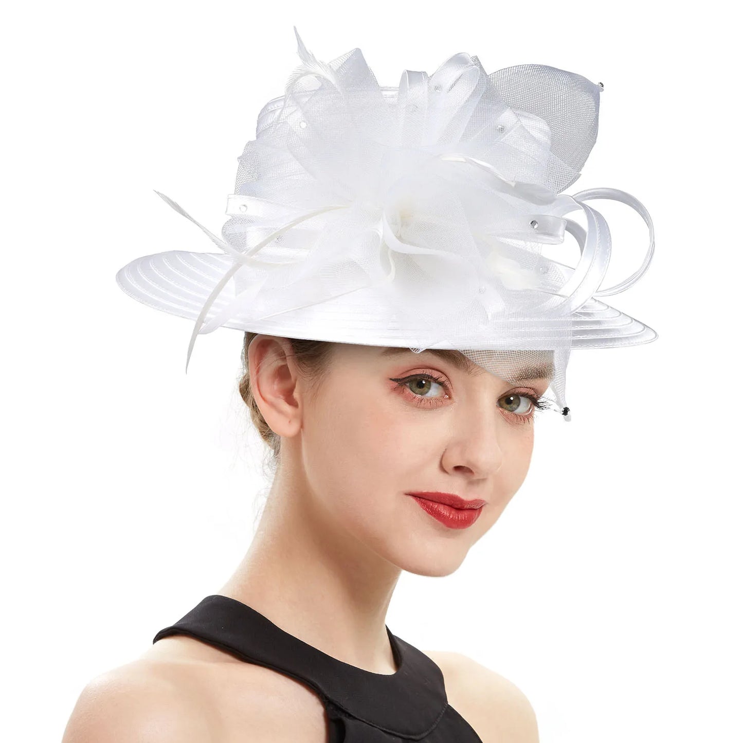 Deluxe White Church Hat β Elegant Satin Party & Banquet Hat with Chains & Flowers, Perfect for Formal Events & Photography