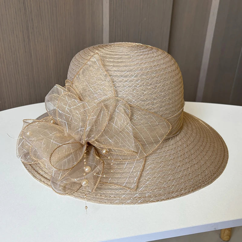 2025 Women’s Elegant Floral Organdy Sun Hat – Foldable Wide Brim Summer Beach Fedora Cap for Parties, Travel & Outdoor Wear