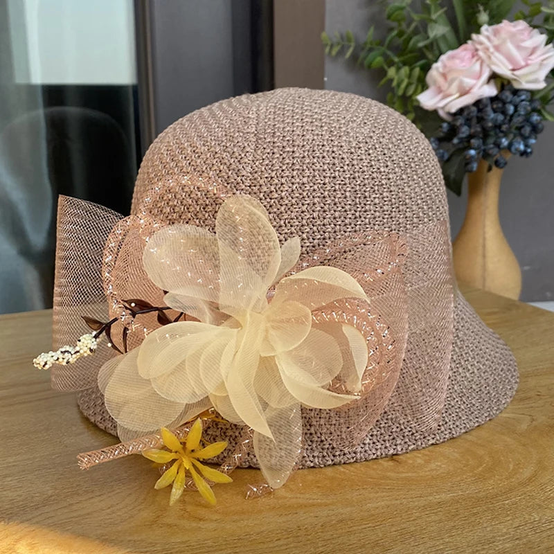 New Fashion Women’s Fedora Bowler Straw Hat – Spring Summer Breathable Flax Gauze with Elegant Flowers