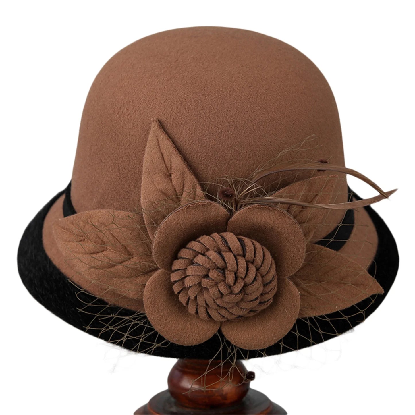 Women’s Wide Brim Bowler Hat – Vintage Church Hat with Mesh & Flowers, Elegant Accessory for Fancy Dress & Costumes