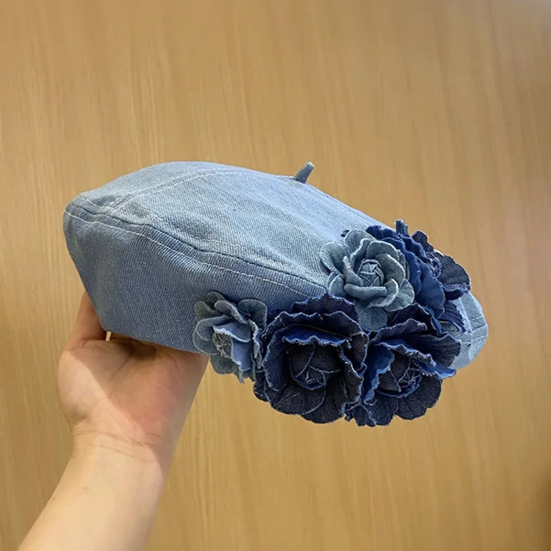 Ladies Denim Beret Hat – Vintage Retro Painter Cap with Floral Design, Casual Cowboy Style Luxury Spring & Autumn Hat for Women