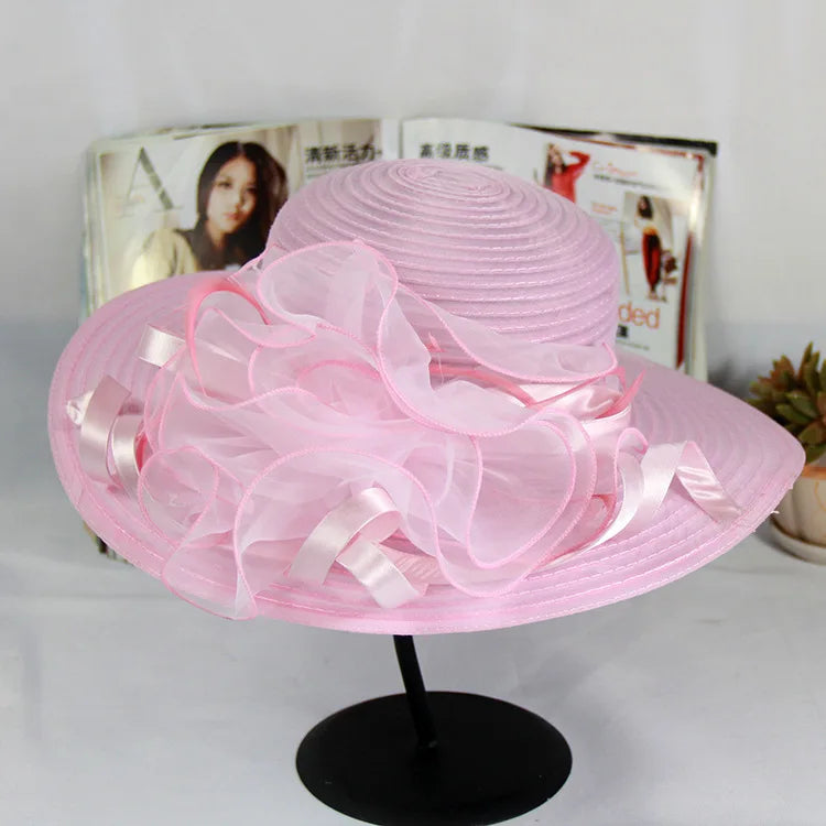 Spring Summer Women’s Mesh Organza Flower Hat – Elegant Wide Brim Dome Sun Hat for Weddings, Parties & Outdoor Fashion