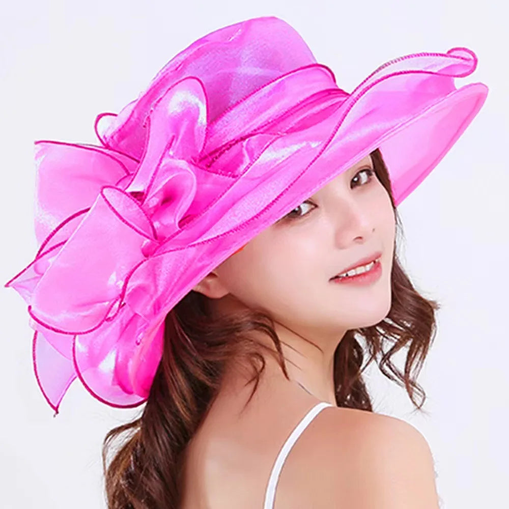 Women’s Organza Mesh Wide Brim Hat – Ruffle Summer Bridal Sun Hat for Weddings, Church, Parties & Beach