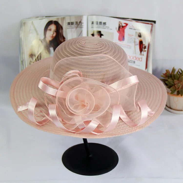 Spring Summer Women’s Mesh Organza Flower Hat – Elegant Wide Brim Dome Sun Hat for Weddings, Parties & Outdoor Fashion