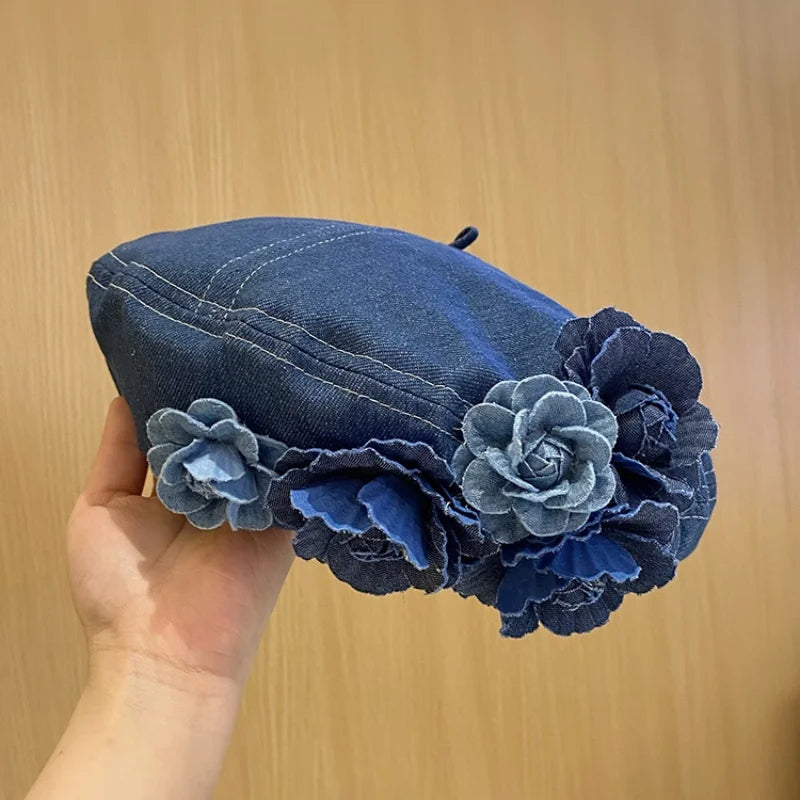 Ladies Denim Beret Hat – Vintage Retro Painter Cap with Floral Design, Casual Cowboy Style Luxury Spring & Autumn Hat for Women