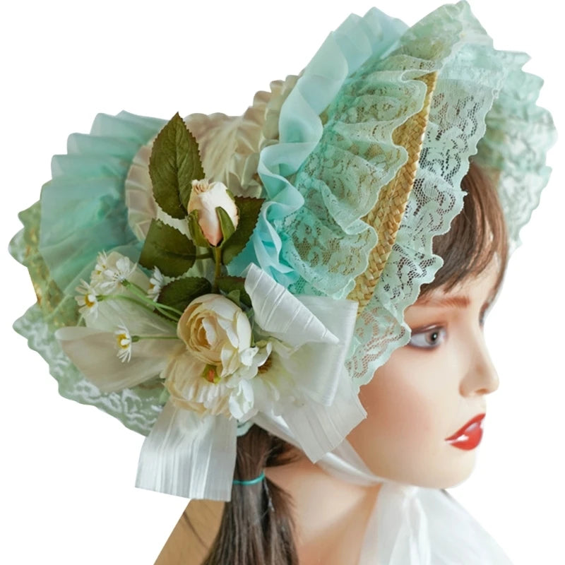 Handmade Lace Straw Sun Hat – Elegant Ribbon Wide Brim Hat for Women, Lolita Fashion Tea Party, Summer Beach & Travel