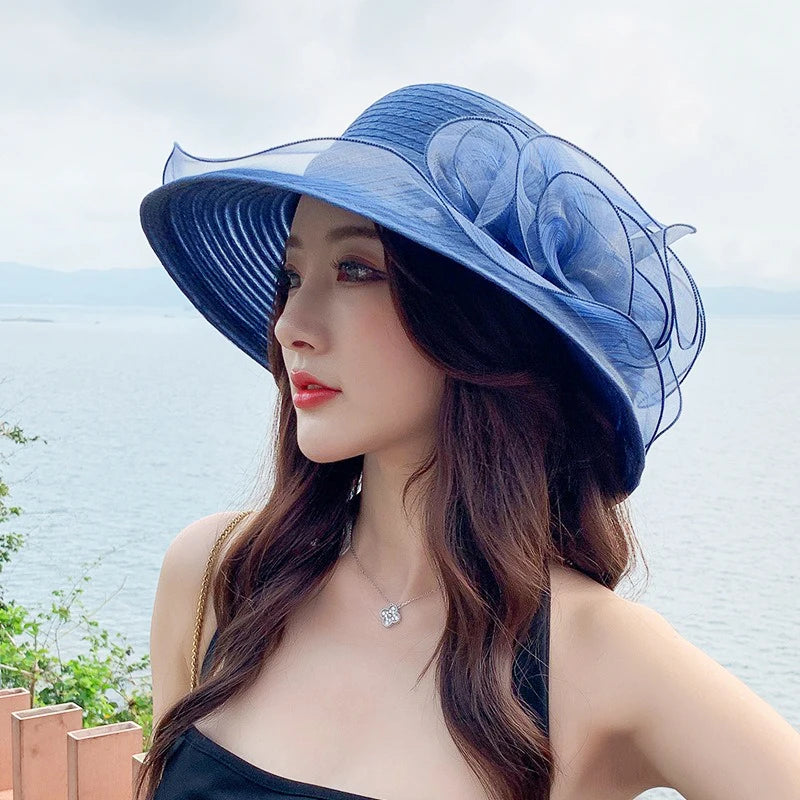 Women’s Summer Eugenia Flower Large Brim Beach Hat – Organza Sunshade Fisherman Hat for Travel, Tea Parties, Weddings & Outdoor Activities