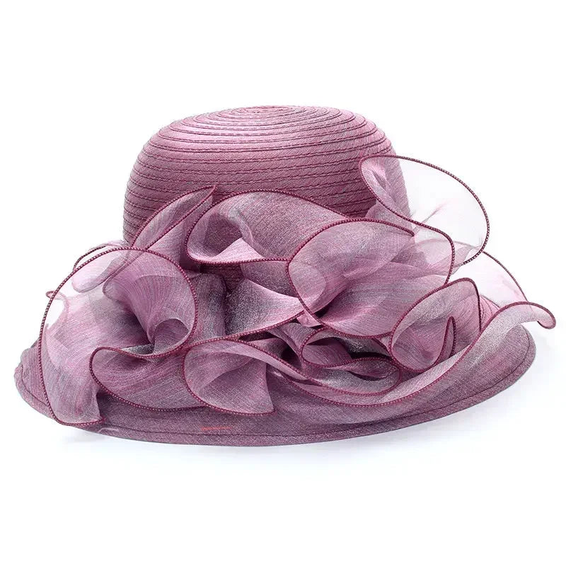 Women’s Summer Wide Brim Sun Hat – Elegant Organza Mesh Hat with Flower Decoration, Beach Vacation Sunshade Hat