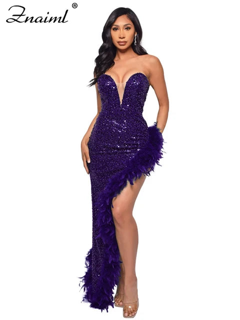 Elegant Feathers High Split Birthday Party Glitter Sequins Maxi Dress Women Night Club Wedding Evening Prom Dresses Robe