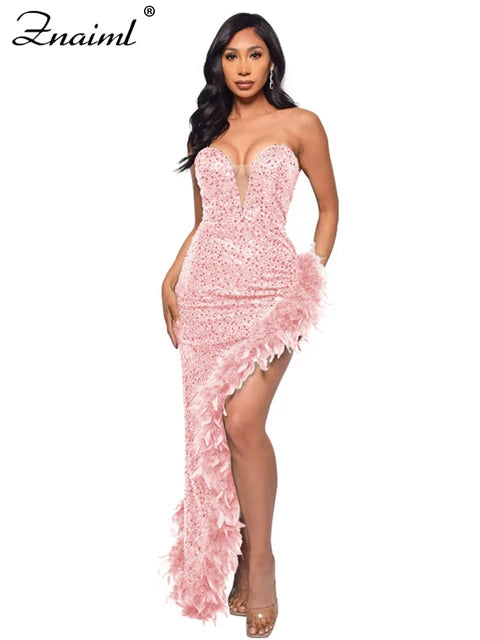 Elegant Feathers High Split Birthday Party Glitter Sequins Maxi Dress Women Night Club Wedding Evening Prom Dresses Robe