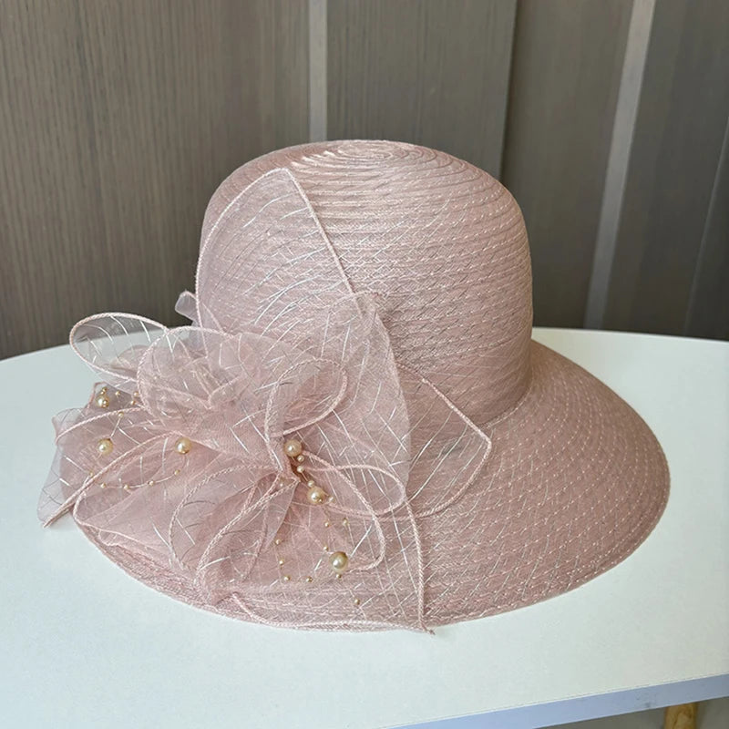 2025 Women’s Elegant Floral Organdy Sun Hat – Foldable Wide Brim Summer Beach Fedora Cap for Parties, Travel & Outdoor Wear