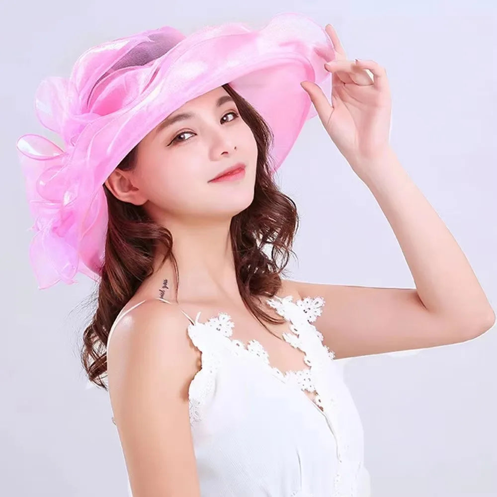 Women’s Organza Mesh Wide Brim Hat – Ruffle Summer Bridal Sun Hat for Weddings, Church, Parties & Beach