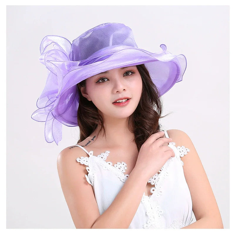 Women’s Organza Mesh Wide Brim Hat – Ruffle Summer Bridal Sun Hat for Weddings, Church, Parties & Beach