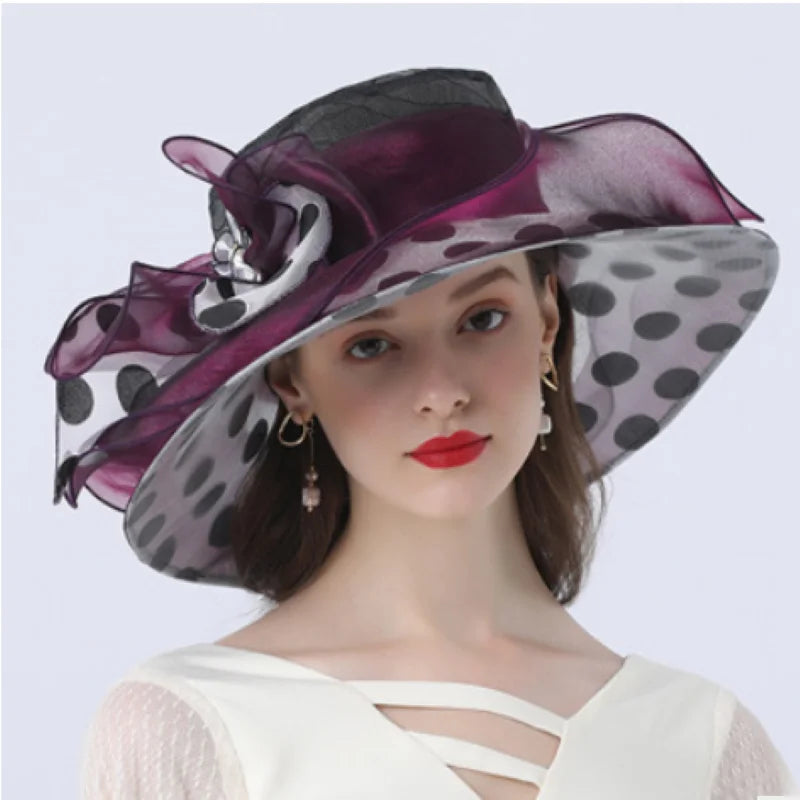 Elegant Women’s Organza Sun Hat – Vintage Wide Brim Fedora with Large Flower, Summer Church & Party Hat