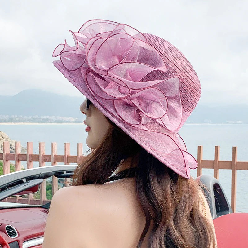 Women’s Summer Eugenia Flower Large Brim Beach Hat – Organza Sunshade Fisherman Hat for Travel, Tea Parties, Weddings & Outdoor Activities