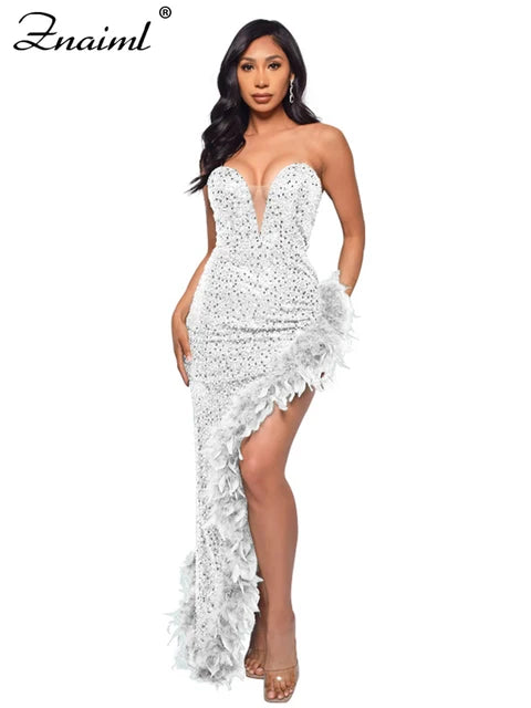 Elegant Feathers High Split Birthday Party Glitter Sequins Maxi Dress Women Night Club Wedding Evening Prom Dresses Robe