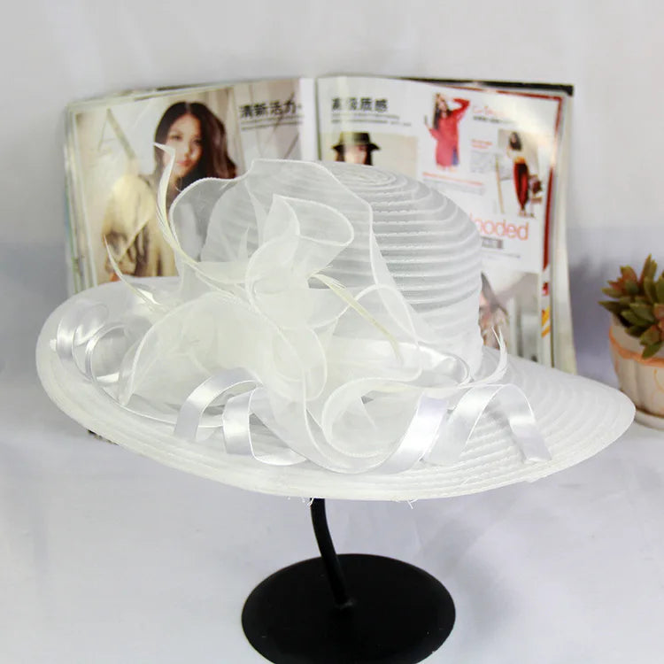 Spring Summer Women’s Mesh Organza Flower Hat – Elegant Wide Brim Dome Sun Hat for Weddings, Parties & Outdoor Fashion
