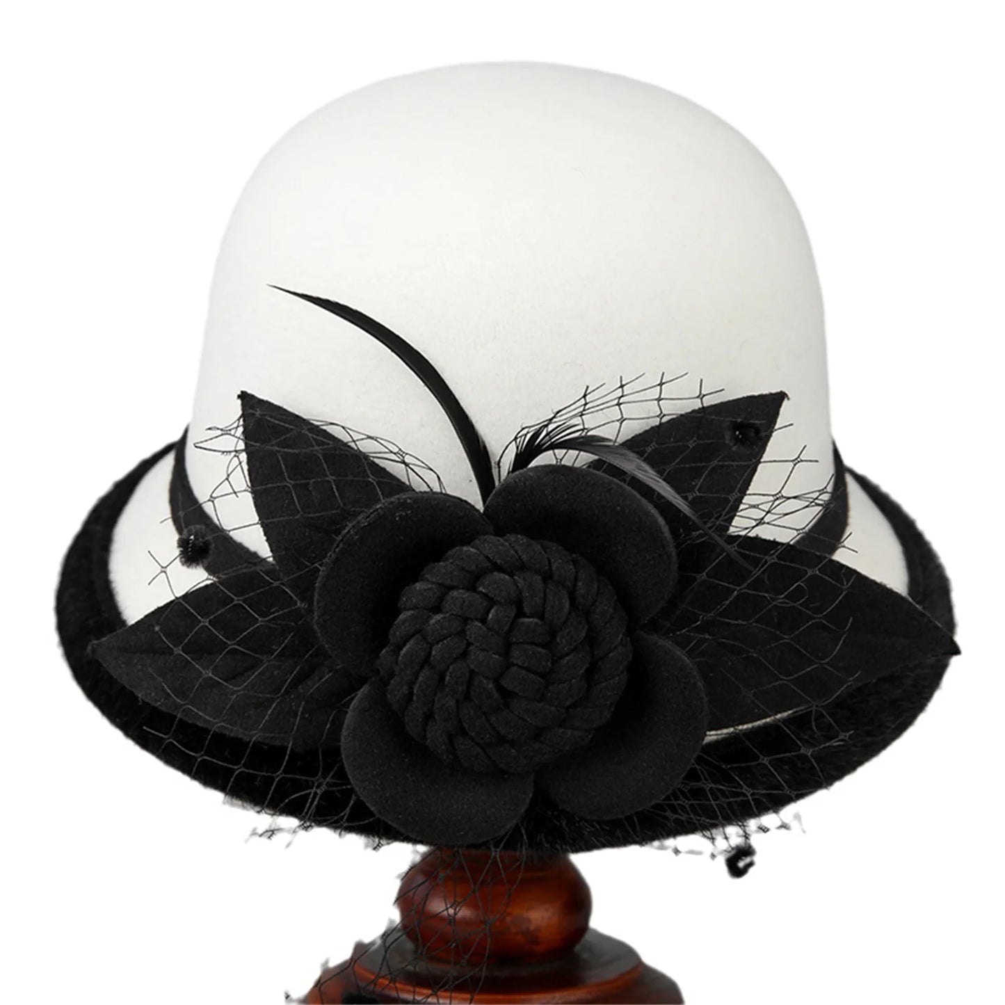 Women’s Wide Brim Bowler Hat – Vintage Church Hat with Mesh & Flowers, Elegant Accessory for Fancy Dress & Costumes