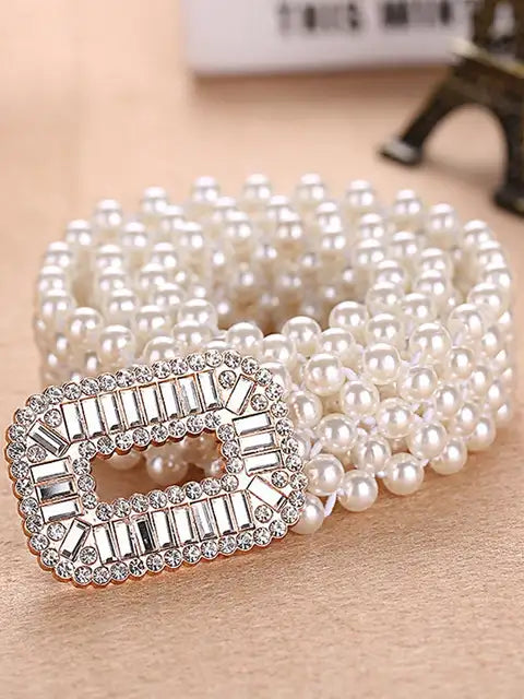 1pc Women's Elastic Waist Belt With Gold Buckle And Five Rows Of Faux Pearls, Sweet And Fashionable