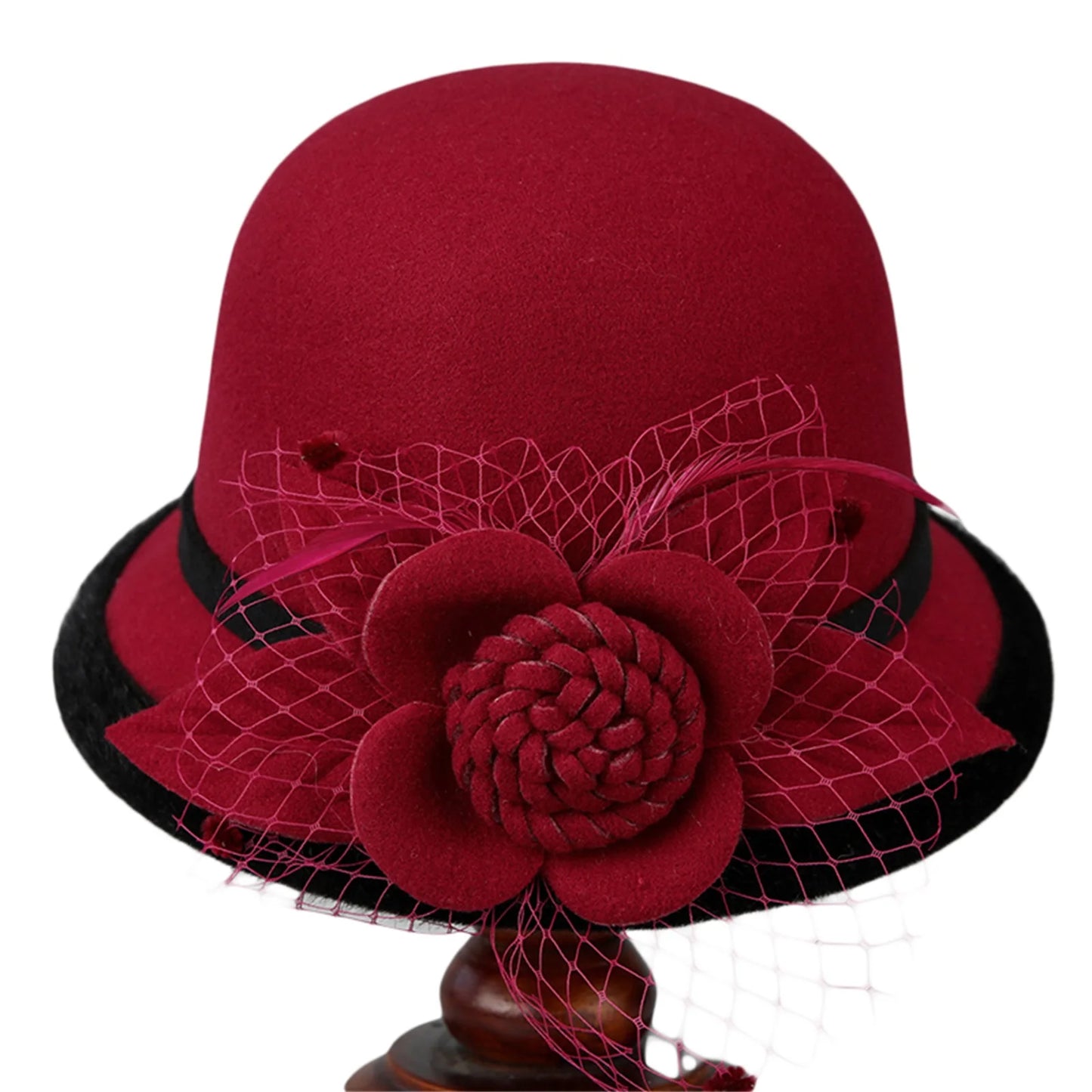 Women’s Wide Brim Bowler Hat – Vintage Church Hat with Mesh & Flowers, Elegant Accessory for Fancy Dress & Costumes