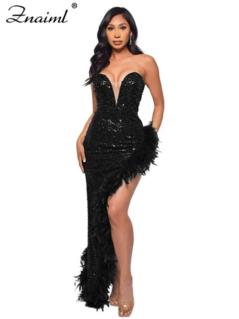 Elegant Feathers High Split Birthday Party Glitter Sequins Maxi Dress Women Night Club Wedding Evening Prom Dresses Robe
