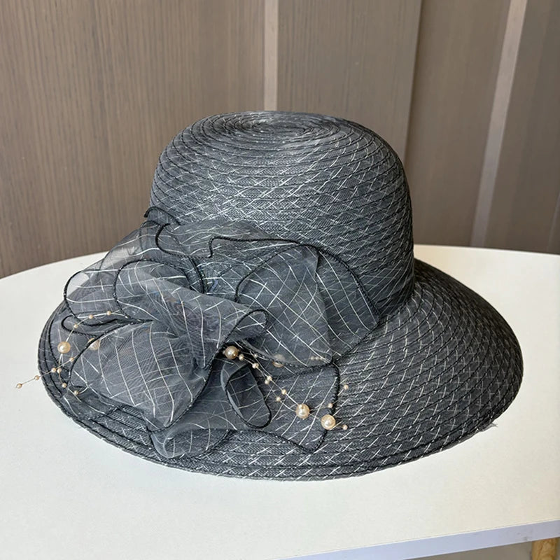 2025 Women’s Elegant Floral Organdy Sun Hat – Foldable Wide Brim Summer Beach Fedora Cap for Parties, Travel & Outdoor Wear