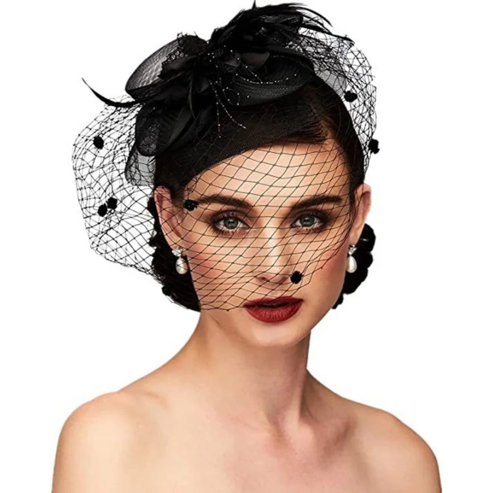 Elegant Birdcage Veil Fascinator with Flowers & Feathers – Women’s Wedding, Tea Party & Cocktail Headpiece