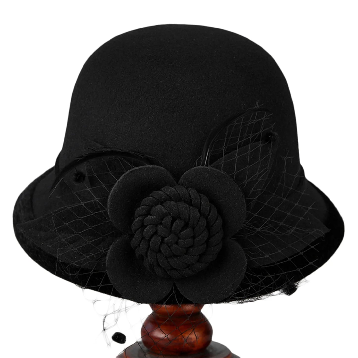 Women’s Wide Brim Bowler Hat – Vintage Church Hat with Mesh & Flowers, Elegant Accessory for Fancy Dress & Costumes