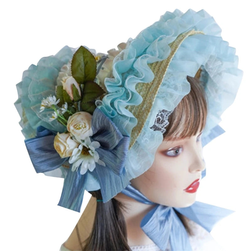 Handmade Lace Straw Sun Hat – Elegant Ribbon Wide Brim Hat for Women, Lolita Fashion Tea Party, Summer Beach & Travel