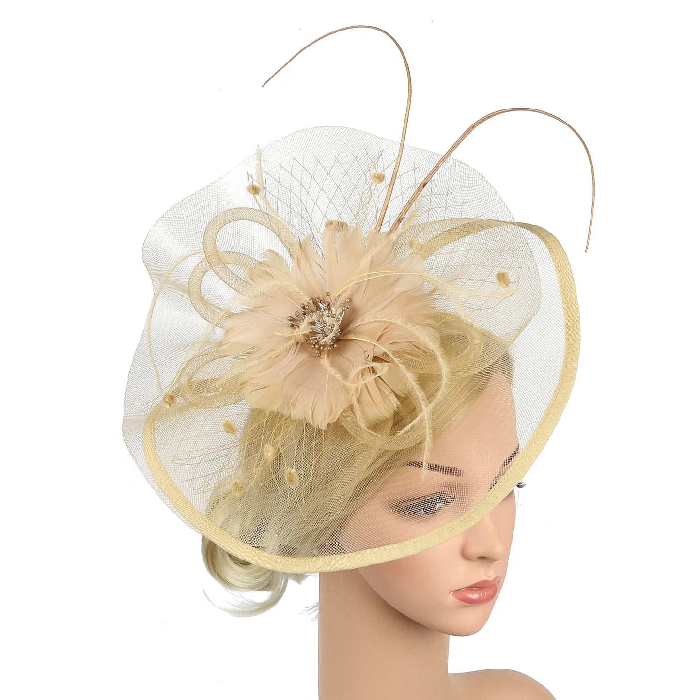 Women’s Fascinator Hat with Feather & Mesh – Alice Headband Hair Clip for Weddings, Cocktail Parties, Kentucky Derby & Tea Parties