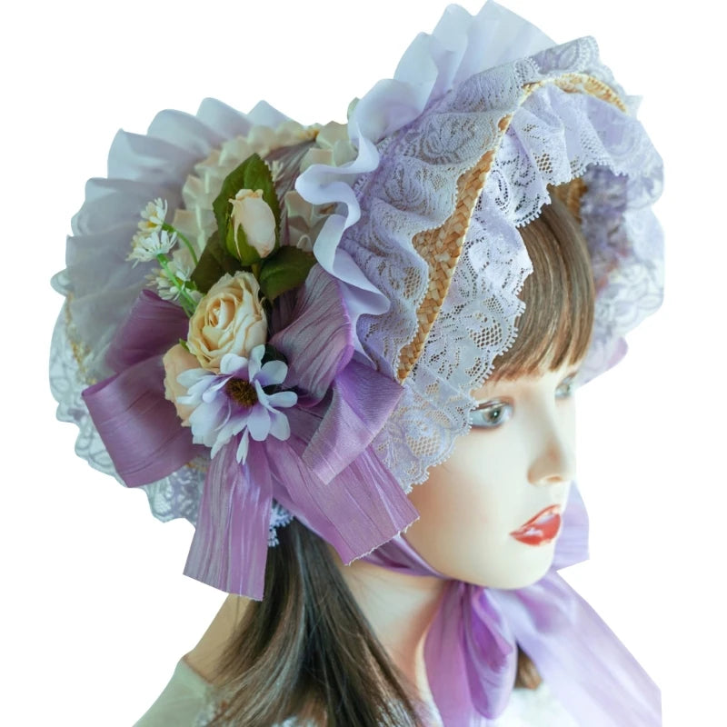 Handmade Lace Straw Sun Hat – Elegant Ribbon Wide Brim Hat for Women, Lolita Fashion Tea Party, Summer Beach & Travel