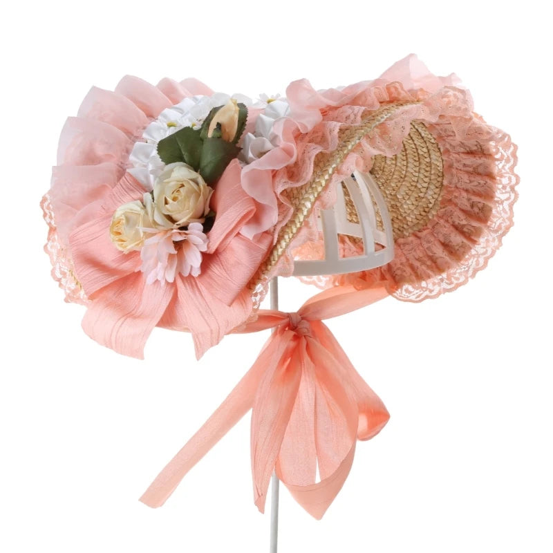 Handmade Lace Straw Sun Hat – Elegant Ribbon Wide Brim Hat for Women, Lolita Fashion Tea Party, Summer Beach & Travel