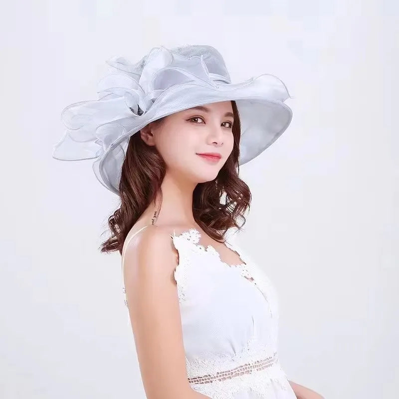 Women’s Organza Mesh Wide Brim Hat – Ruffle Summer Bridal Sun Hat for Weddings, Church, Parties & Beach