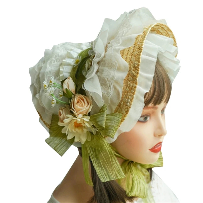 Handmade Lace Straw Sun Hat – Elegant Ribbon Wide Brim Hat for Women, Lolita Fashion Tea Party, Summer Beach & Travel