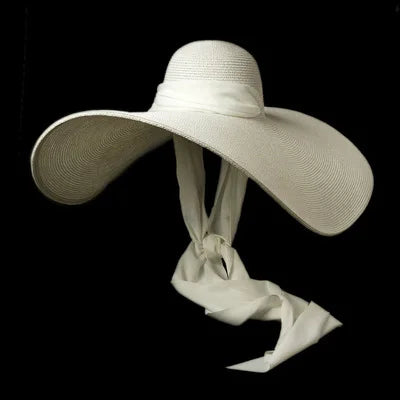 2025 Elegant Women’s Raffia Wide Brim Sun Hat with Long Ribbon – Oversized Dome Beach Hat for Travel, Vacation & UV Protection