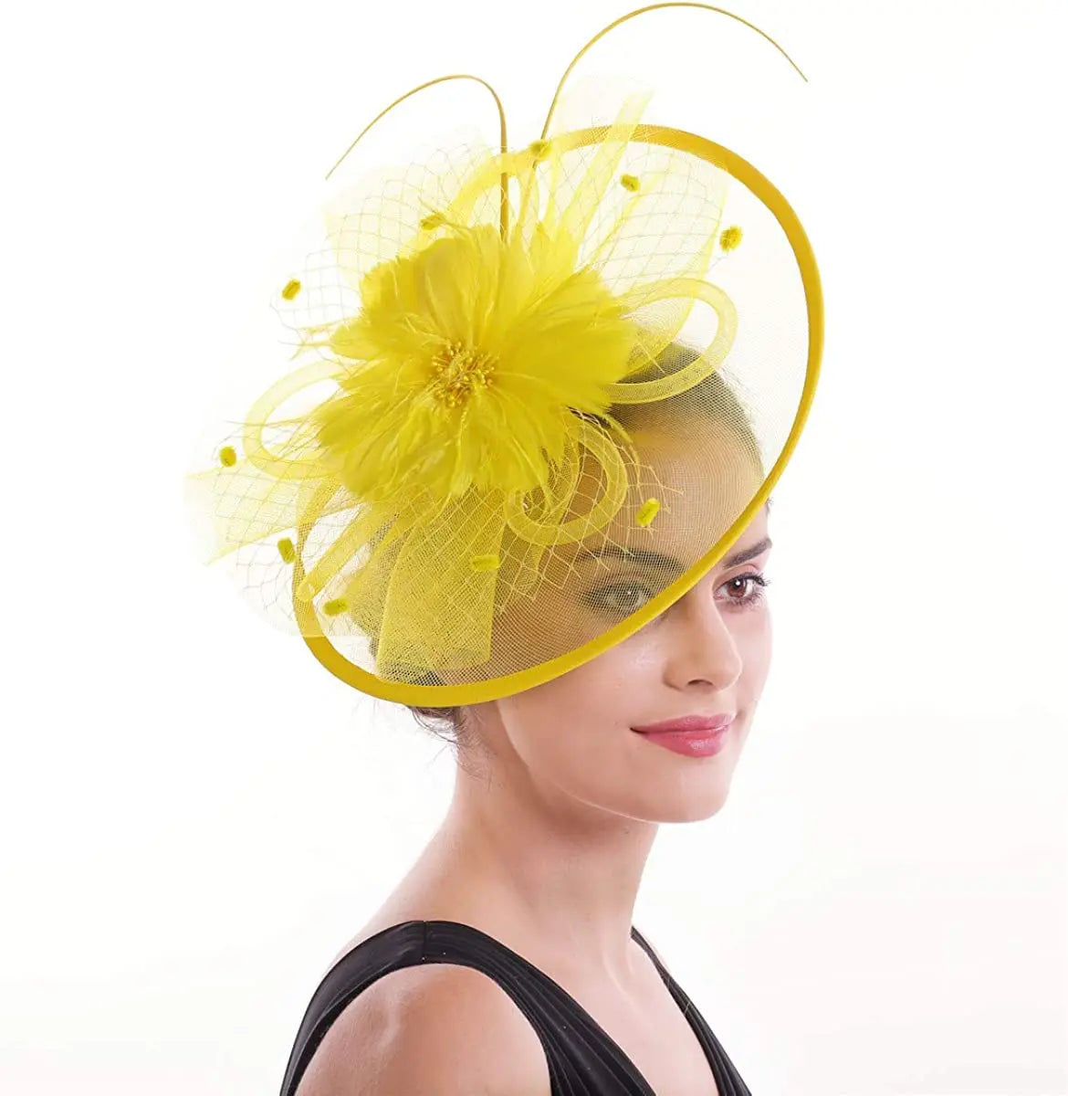 Women’s Fascinator Hat with Feather & Mesh – Alice Headband Hair Clip for Weddings, Cocktail Parties, Kentucky Derby & Tea Parties