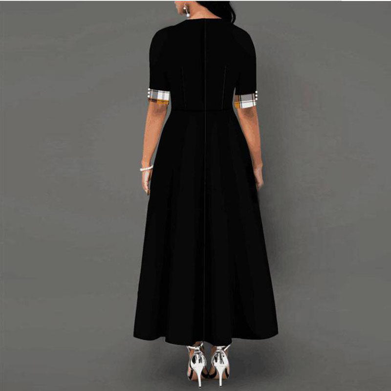 Fashion Half Sleeve Plaid Print Button Detail Maxi Dress