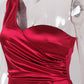 One Shoulder Padded Sexy Satin Dress Side Train Sleeveless Bodycon Evening Night Party Gown Burgundy Green