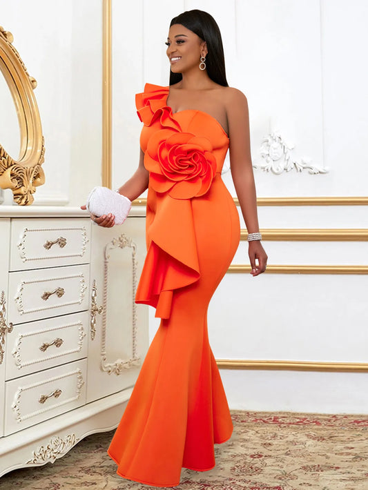 Orange Evening one Shoulder Ruffle Dress