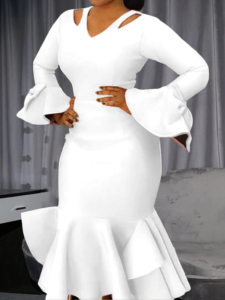 Women Bodycon Party Dress Long Flare Sleeves