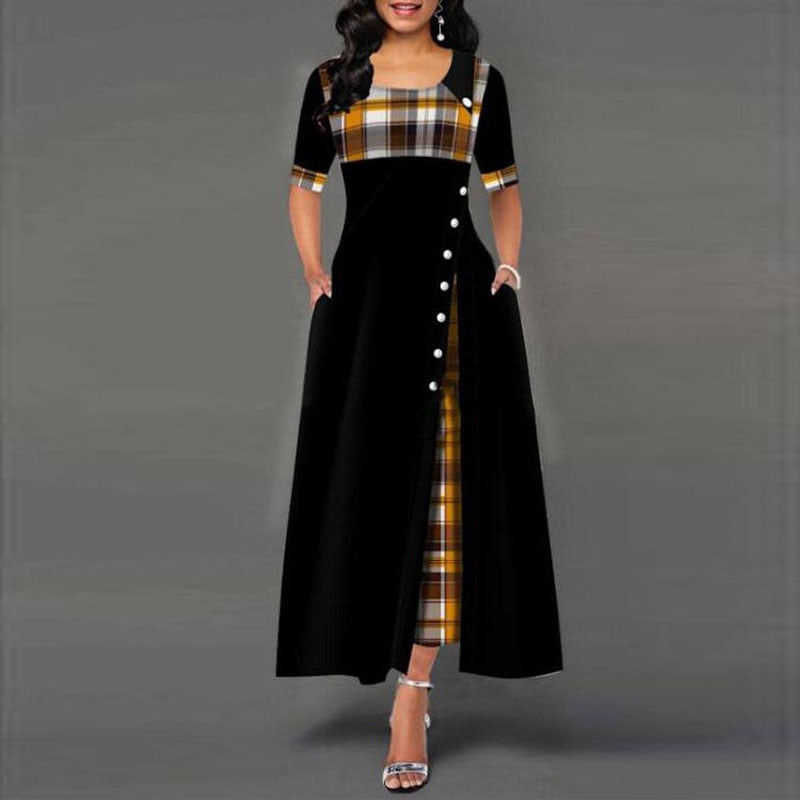 Fashion Half Sleeve Plaid Print Button Detail Maxi Dress
