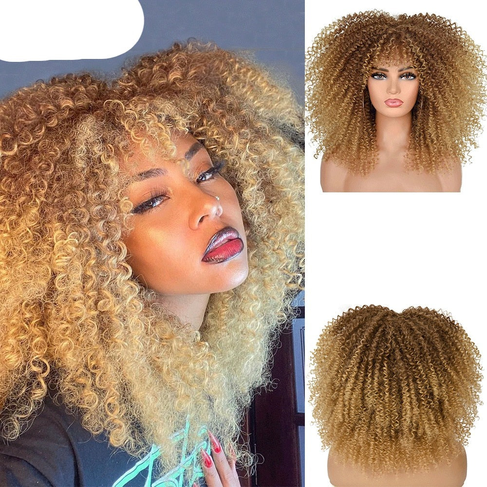Short Hair Afro Kinky Curly Synthetic Wig With Bangs