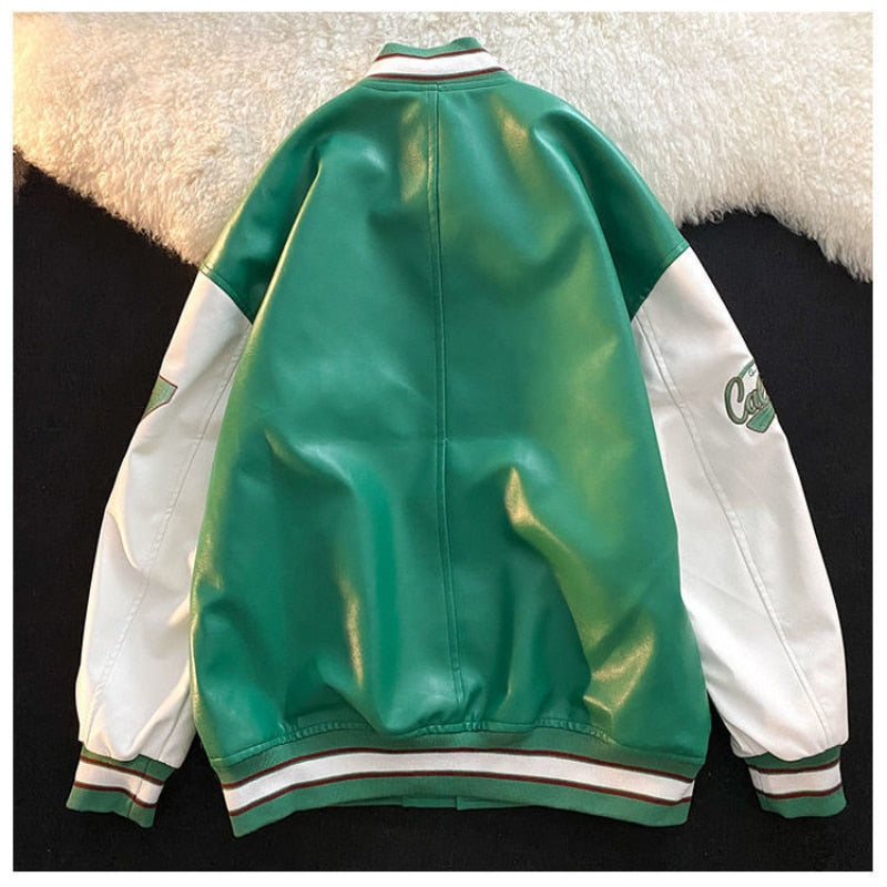 American retro letter embroidery leather jackets coats women's new street trend loose top