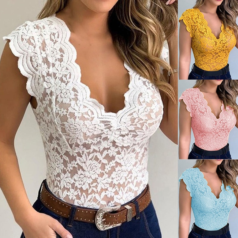 Sleeveless V Neck Lace Vest Top for Women