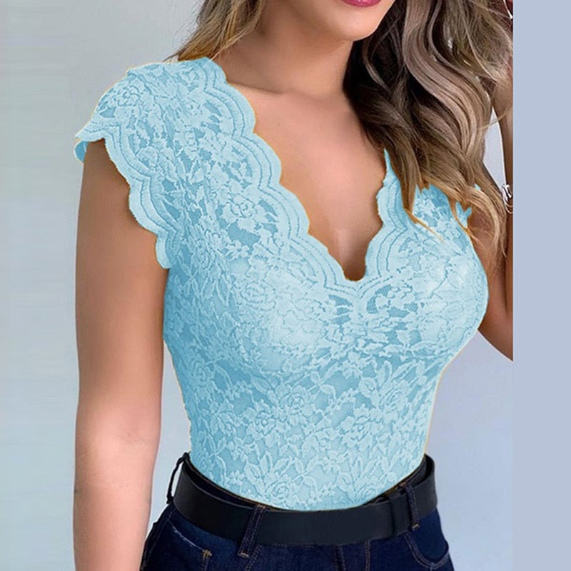 Sleeveless V Neck Lace Vest Top for Women