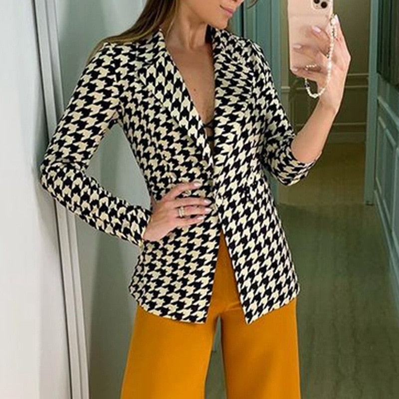 Small Suit Houndstooth Jacket Top for Women