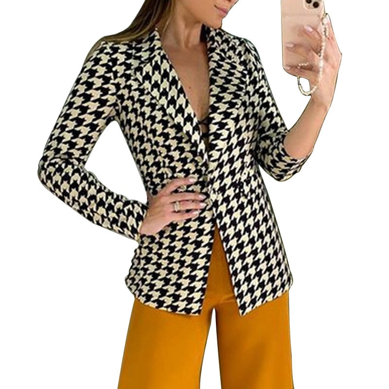 Small Suit Houndstooth Jacket Top for Women