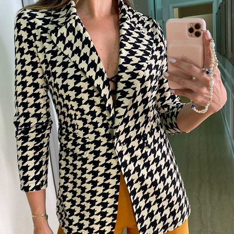 Small Suit Houndstooth Jacket Top for Women