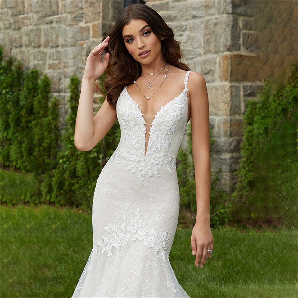 V Neck Backless Mermaid Wedding Dress