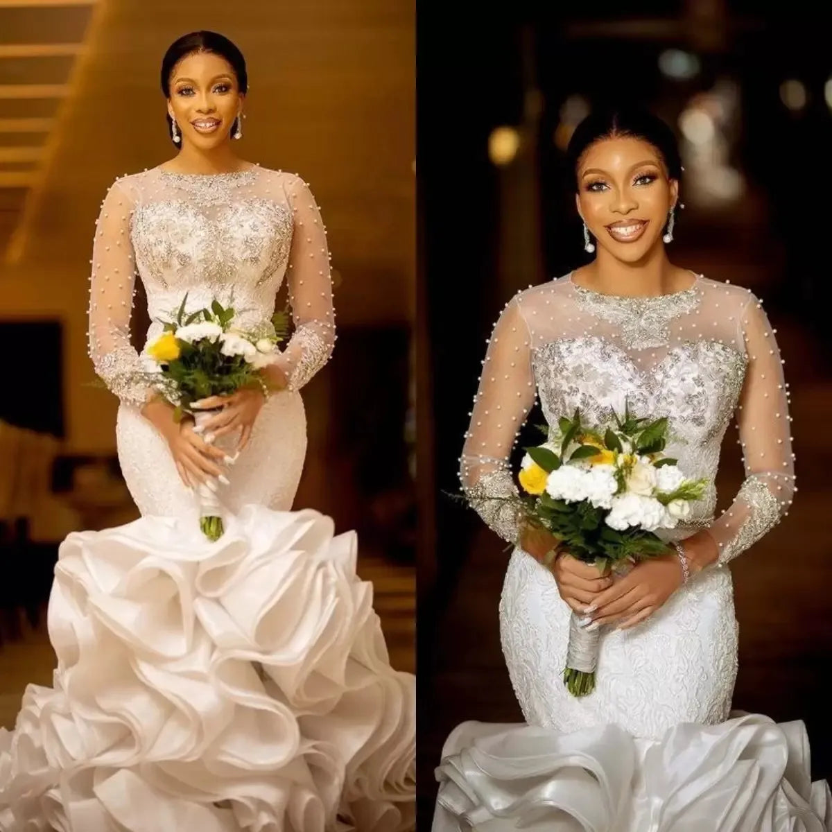 Luxury Tiered Skirts Mermaid Wedding Dresses Chic Long Sleeve Pearls Long Train O Neck Bridal